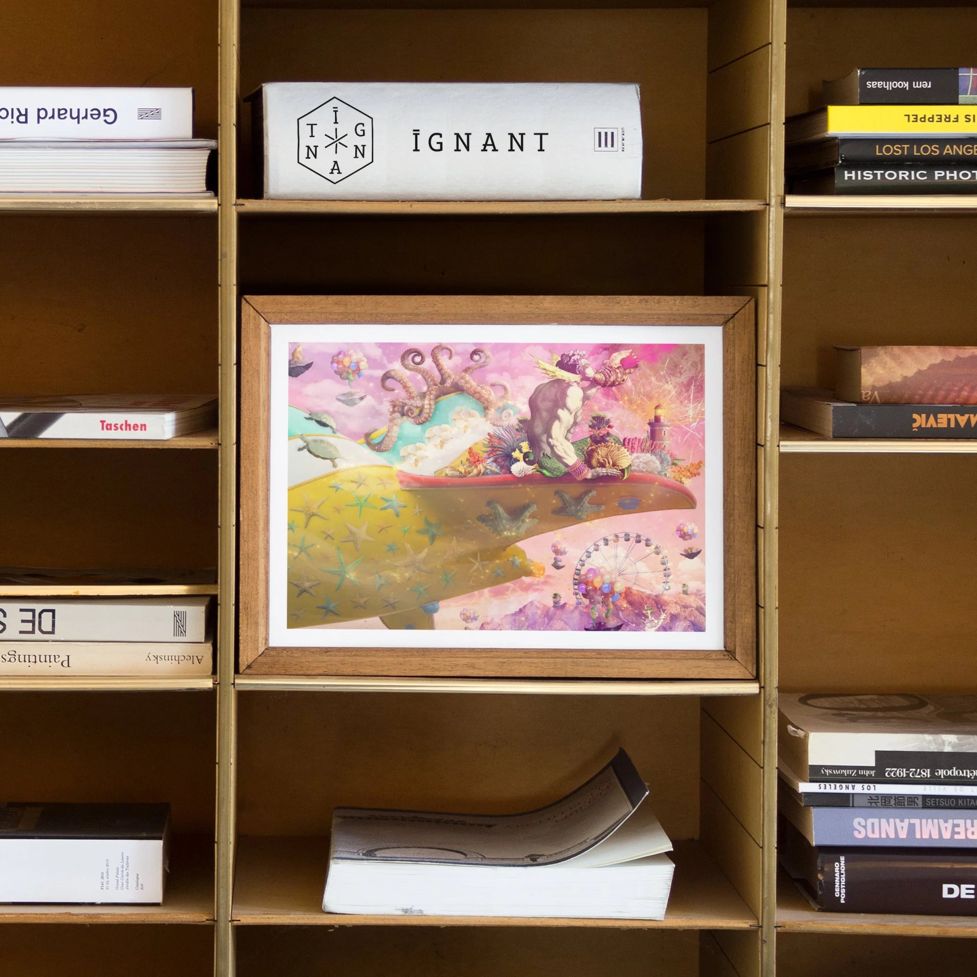 Nerry Rides Side Saddle - Surreal Nymph Collage Art Print, Wooden Bookshelf Books Framed Colorful Abstract Painting