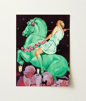 Vibrant Green Horse Adorned Pink Roses Ridden Figure Ludwig Hohlwein’s Night, Munich Englischer Garten, Pageant, Signature Gouache