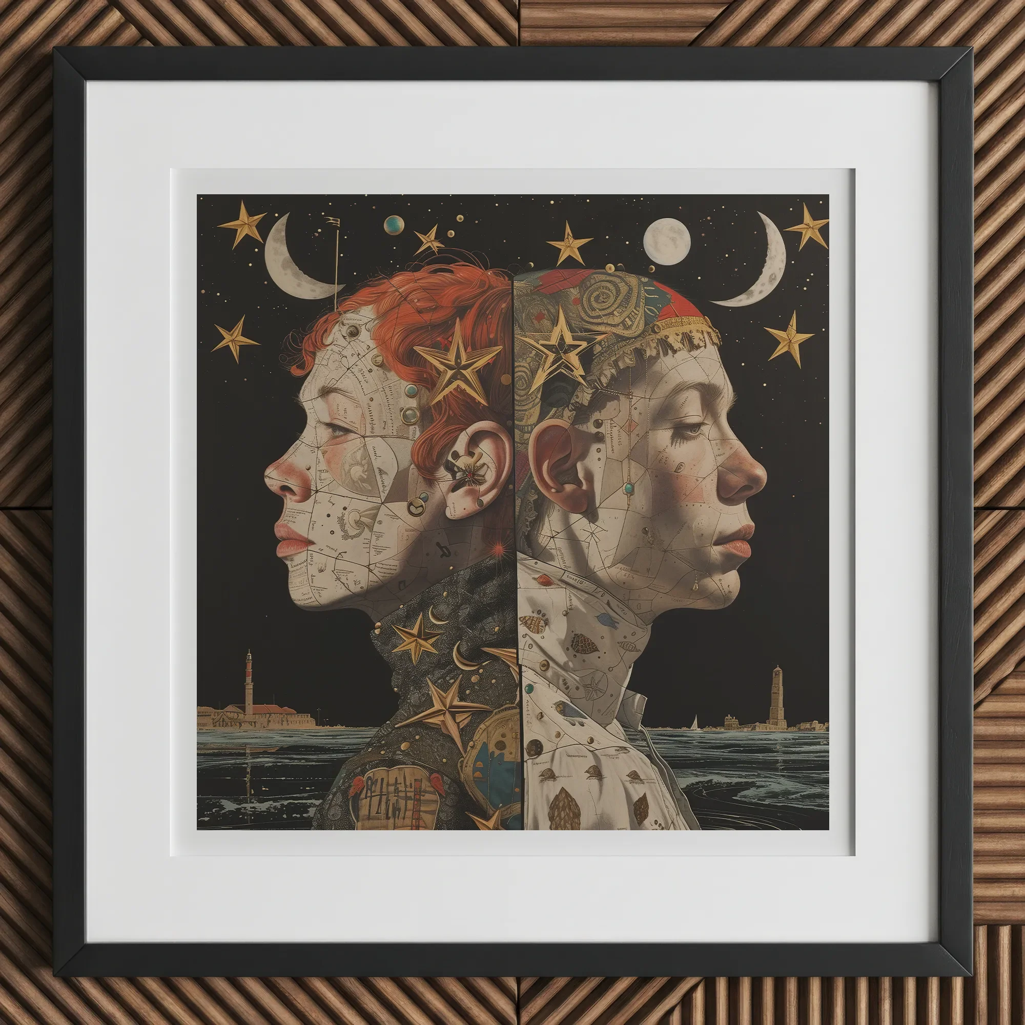 Nightingales - Lesbian Twins Art Print, 12x12’’ / 31x31cm / Black Frame / 2’’ Matboard, Framed Astrological Art Print Two Faces
