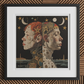 Nightingales - Lesbian Twins Art Print, 12x12’’ / 31x31cm / Black Frame / 2’’ Matboard, Framed Astrological Art Print Two Faces
