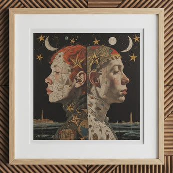 Nightingales - Lesbian Twins Art Print, 12x12’’ / 31x31cm / Natural Frame / 2’’ Matboard, Framed Artwork Two Celestial-themed Profiles