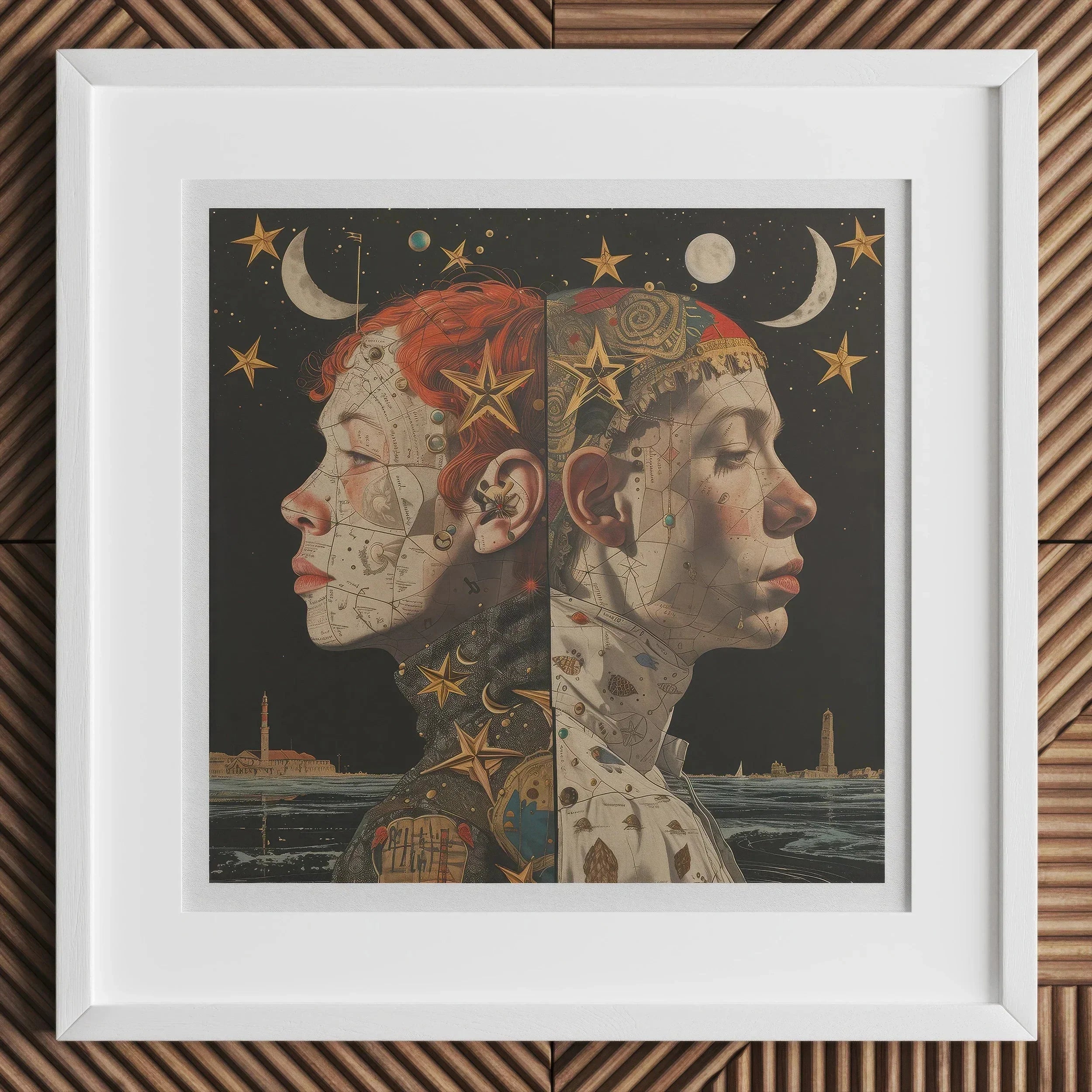 Nightingales - Lesbian Twins Art Print, 12x12’’ / 31x31cm / White Frame, Framed Surrealist Artwork Two Conjoined Profiles Celestial Nautical