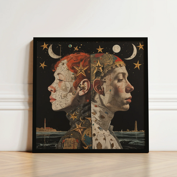 Framed Artwork Two Profiled Faces Celestial Mechanical Motifs Lesbian Twins Art, Print, Bold Statements