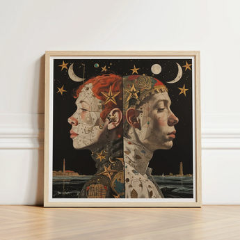 Framed Artwork Two Profiled Faces Celestial Design Red Lesbian Twins Art, Print, Bold Statements