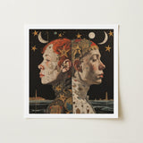 Nightingales - Lesbian Twins Art Print / Canvas Square-framed Two Side-profiled Faces Celestial Map-like, Bold Statements Prints