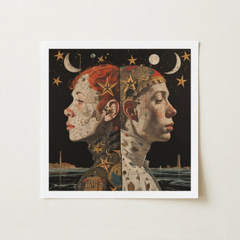 Nightingales - Lesbian Twins Art Print / Canvas Square-framed Two Side-profiled Faces Celestial Map-like, Bold Statements Prints