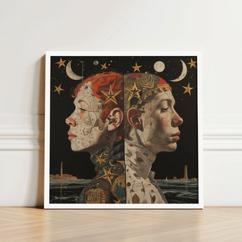 Square-framed Artwork Two Profiled Faces Starry Night Sky Lesbian Twins Art, Print, Bold Statements
