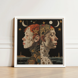 Framed Artwork Two Side-by-side Profiles Celestial Map-like Patterns Lesbian Twins Art, Print, Bold Statements
