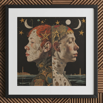 Nightingales - Lesbian Twins Art Print / Canvas Black-framed Artwork Two Profiled Faces Split Middle Red Lesbian Twins Art, Art Print, Bold