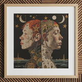 Nightingales - Lesbian Twins Art Print / Canvas Square-framed Artwork Split-profile Illustration Two Faces Starry Night Lesbian Twins Art,