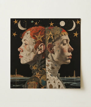Square-framed Artwork Two Side-profiled Faces Starry Night Sky Lesbian Twins Art, Print, Bold Statements