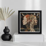 Nightingales - Lesbian Twins Art Print, Framed Surrealist Artwork Two Profile Faces Celestial Natural