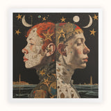 Nightingales - Lesbian Twins Art Print, Surrealistic Portrait Two Conjoined Profiles Cosmic Nautical Imagery