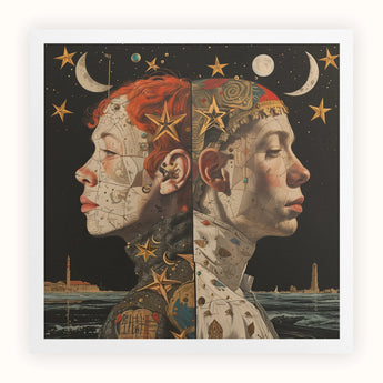 Nightingales - Lesbian Twins Art Print, Surrealistic Portrait Two Conjoined Profiles Cosmic Nautical Imagery