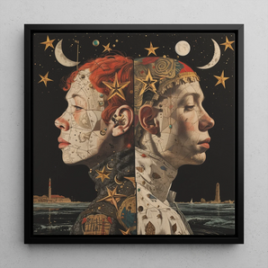 Nightingales - Lesbian Twins Framed Canvas, 12x12’’ / 31x31cm / Black Floating Frame, Framed Celestial Portrait