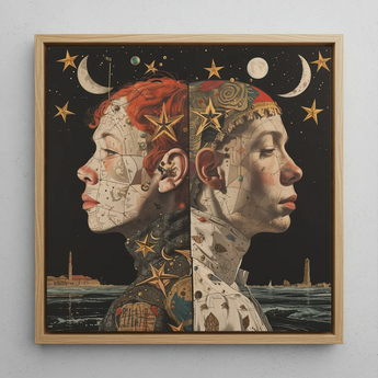 Nightingales - Lesbian Twins Framed Canvas, 12x12’’ / 31x31cm / Natural Floating Frame, Framed Artwork Two Profiles Starry Sky