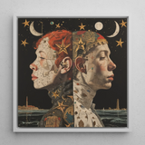 Nightingales - Lesbian Twins Framed Canvas, 12x12’’ / 31x31cm / White Floating Frame, Framed Celestial Portrait Conjoined Twins