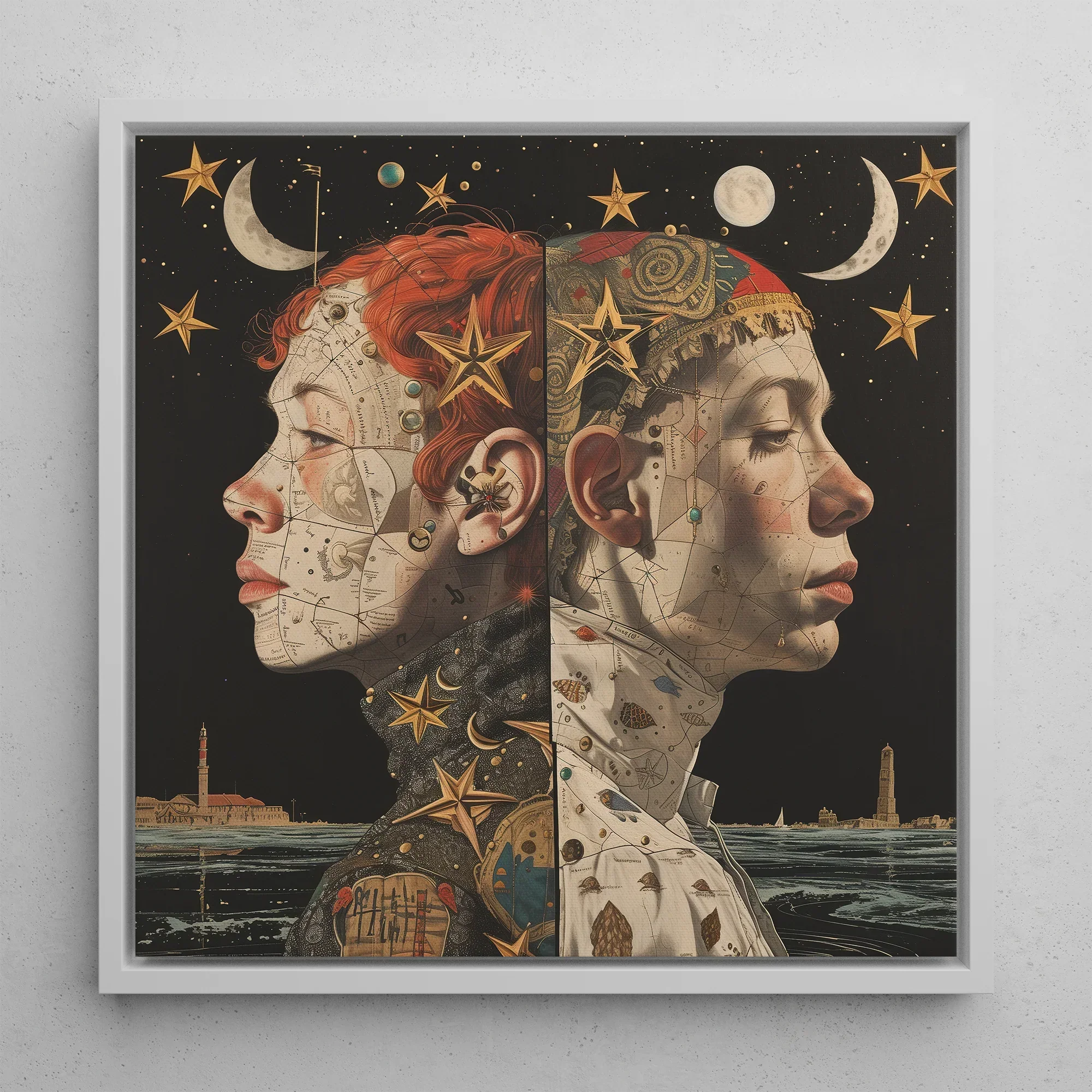 Nightingales Lesbian Twins Framed Canvas, 12x12’’ / 31x31cm / White Floating Frame, Framed Celestial Portrait Conjoined Twins