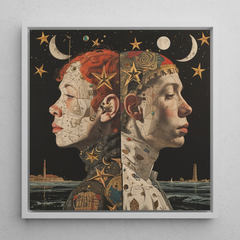 Nightingales - Lesbian Twins Framed Canvas, 12x12’’ / 31x31cm / White Floating Frame, Framed Celestial Portrait Conjoined Twins
