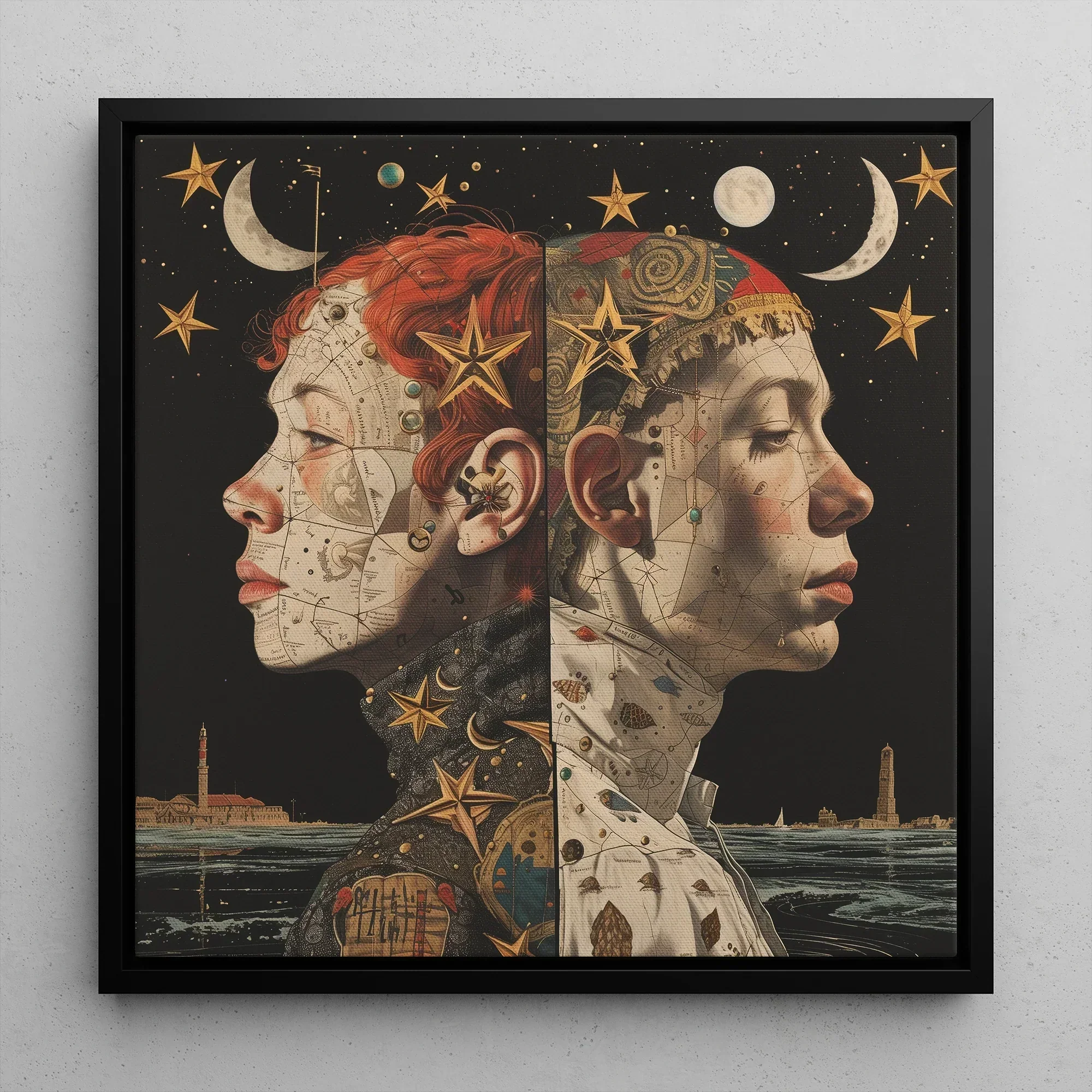 Nightingales - Lesbian Twins Framed Canvas, 12’’x12’’ / Black Floating Frame, Framed Celestial Portrait