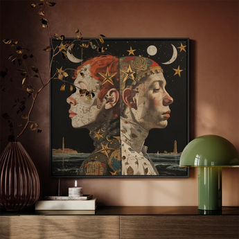 Nightingales - Lesbian Twins Framed Canvas, Framed Portrait Two Faces Celestial Motifs