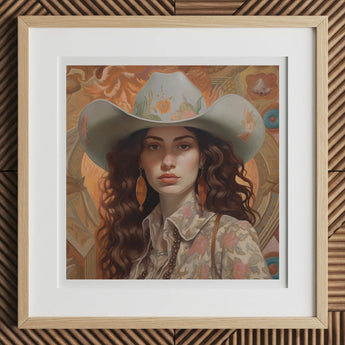 Nina - Femme Jewish Lesbian Cowgirl Art Print, 12x12’’ / 31x31cm / Natural Frame / 2’’ Matboard, Framed Art Print Woman Cowboy Hat