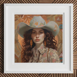 Nina - Femme Jewish Lesbian Cowgirl Art Print, 12x12’’ / 31x31cm / White Frame / 2’’ Matboard, Framed Portrait Light-colored Cowboy Hat