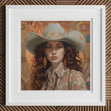 Nina - Femme Jewish Lesbian Cowgirl Art Print, 12x12’’ / 31x31cm / White Frame / 2’’ Matboard, Framed Portrait Light-colored Cowboy Hat