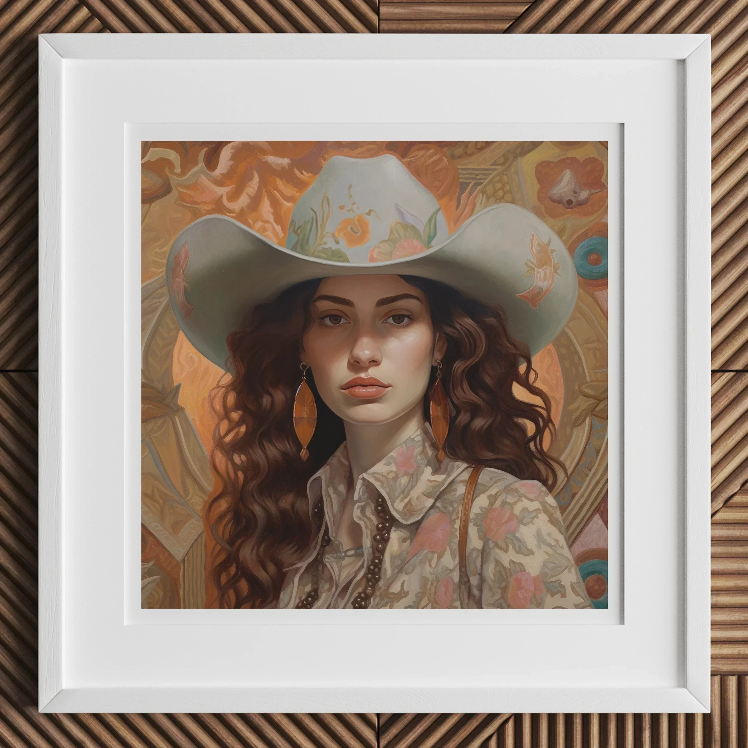 Nina - Femme Jewish Lesbian Cowgirl Art Print, 12x12’’ / 31x31cm / White Frame, Framed Portrait Light-colored Cowboy Hat Floral Western