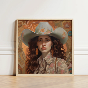 Framed Portrait Woman Light Blue Cowboy Hat Adorned Jewish Lesbian Cowgirl, Art, Gay