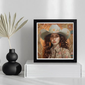 Nina - Femme Jewish Lesbian Cowgirl Art Print / Canvas Framed Artwork Woman Light-colored Floral Cowboy Hat Patterned Jewish Lesbian