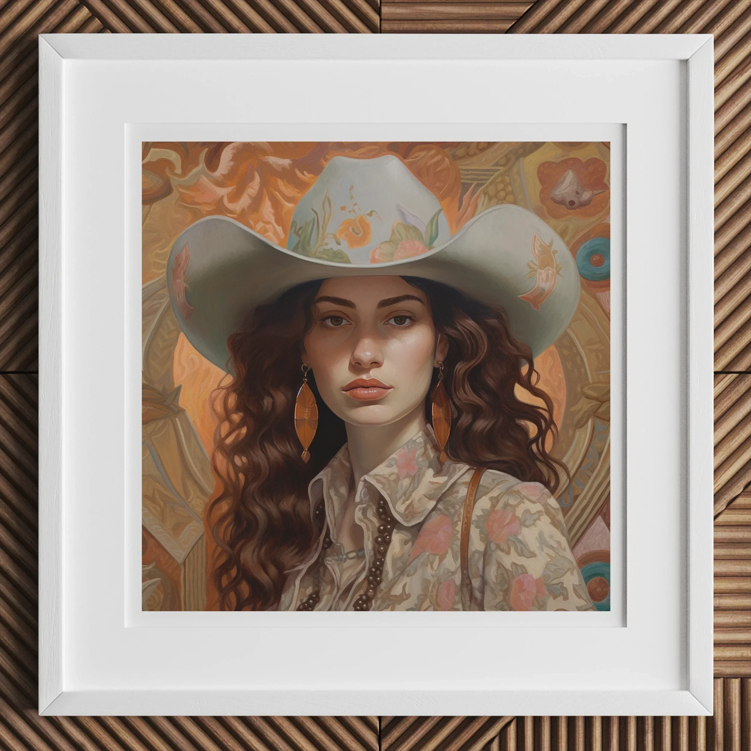 Nina Femme Jewish Lesbian Cowgirl Art Print, Framed Portrait Light Colored Cowboy Hat Floral Western Shirt