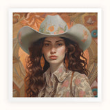 Nina - Femme Jewish Lesbian Cowgirl Art Print, Cowgirl Light-colored Hat Floral Print Blouse