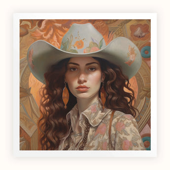 Nina - Femme Jewish Lesbian Cowgirl Art Print, Cowgirl Light-colored Hat Floral Print Blouse