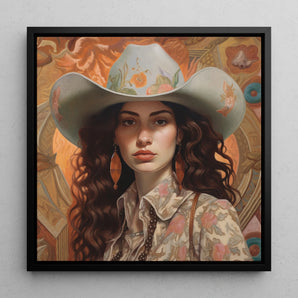 Nina - Lesbian Jewish Cowgirl Art Framed Canvas, 12x12’’ / 31x31cm / Black Floating Frame, Portrait Young Woman Decorative Cowboy Hat