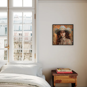 Nina - Lesbian Jewish Cowgirl Art Framed Canvas, Bedroom Window Nightstand Framed Portrait Wall