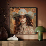 Nina - Lesbian Jewish Cowgirl Art Framed Canvas, Framed Portrait Painting Woman Decorative Cowboy Hat Floral