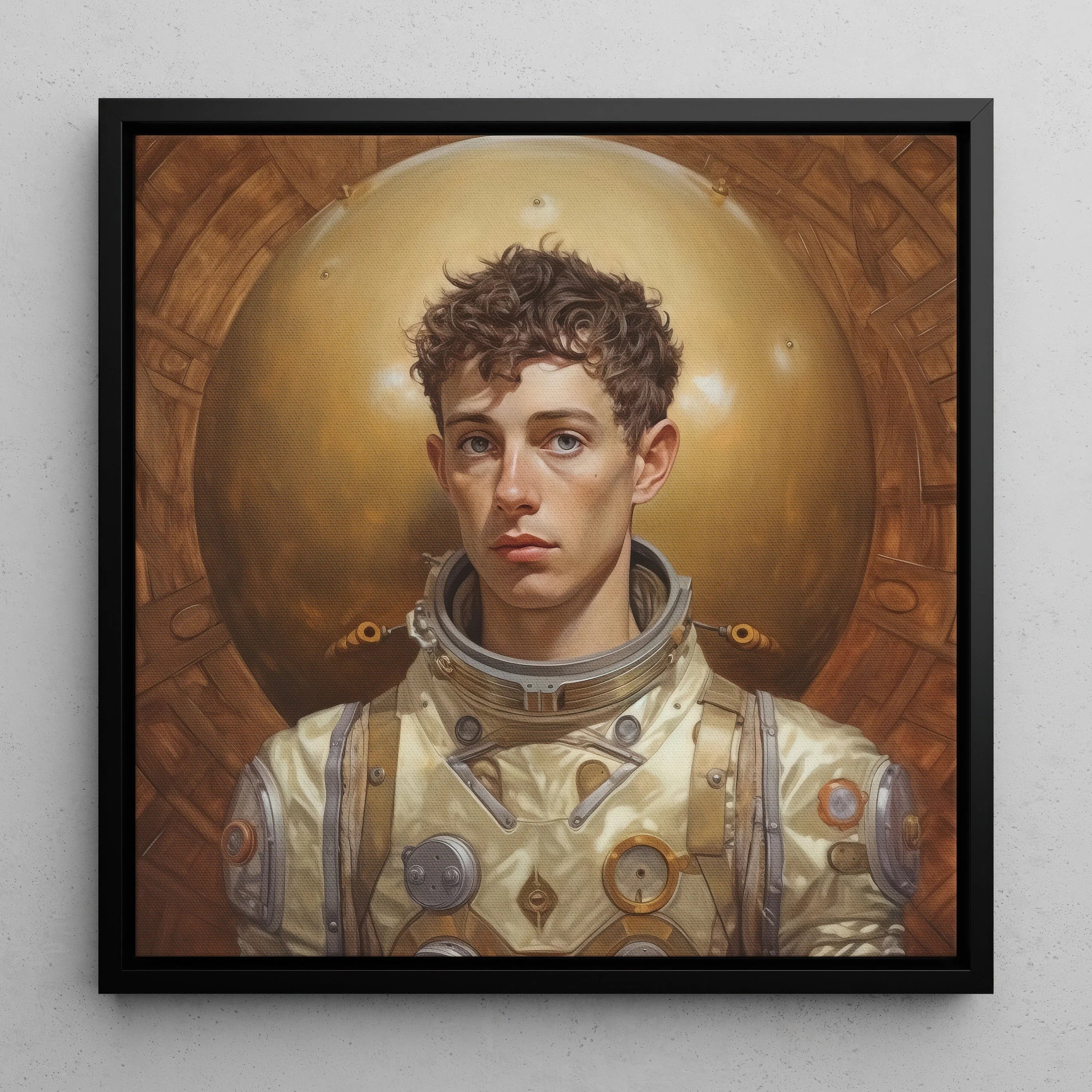 Noah - Handsome Gay Astronaut Art Framed Canvas, 12x12’’ / 31x31cm / Black Floating Frame, Portrait Young Astronaut Curly Hair Spacesuit