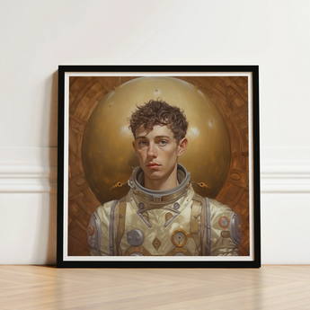 Framed Portrait Young Astronaut Cream-colored Spacesuit Metallic Accents Gay Aesthetic, Handsome, Gayest
