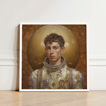 Framed Portrait Young Astronaut Cream-colored Spacesuit Metallic Accents Gay Aesthetic, Handsome, Gayest