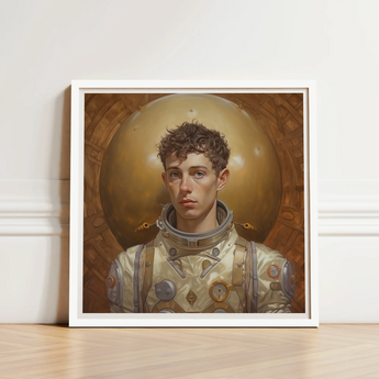 Framed Portrait Young Astronaut Cream-colored Metallic Spacesuit Gold Gay Aesthetic, Handsome, Gayest