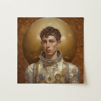 Noah - Handsome Gay Astronaut Art Print / Canvas Detailed Portrait Painting Young Astronaut Cream-colored Metallic Spacesuit Gay Aesthetic,