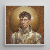 Noah - Handsome Gay Astronaut Art Print / Canvas Framed Portrait Young Astronaut Cream-colored Metallic Spacesuit Gold Gay Aesthetic,