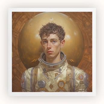 Noah - Handsome Gay Astronaut Art Print / Canvas Portrait Young Man Ornate Cream-colored Astronaut Suit Metallic Gay Aesthetic, Handsome