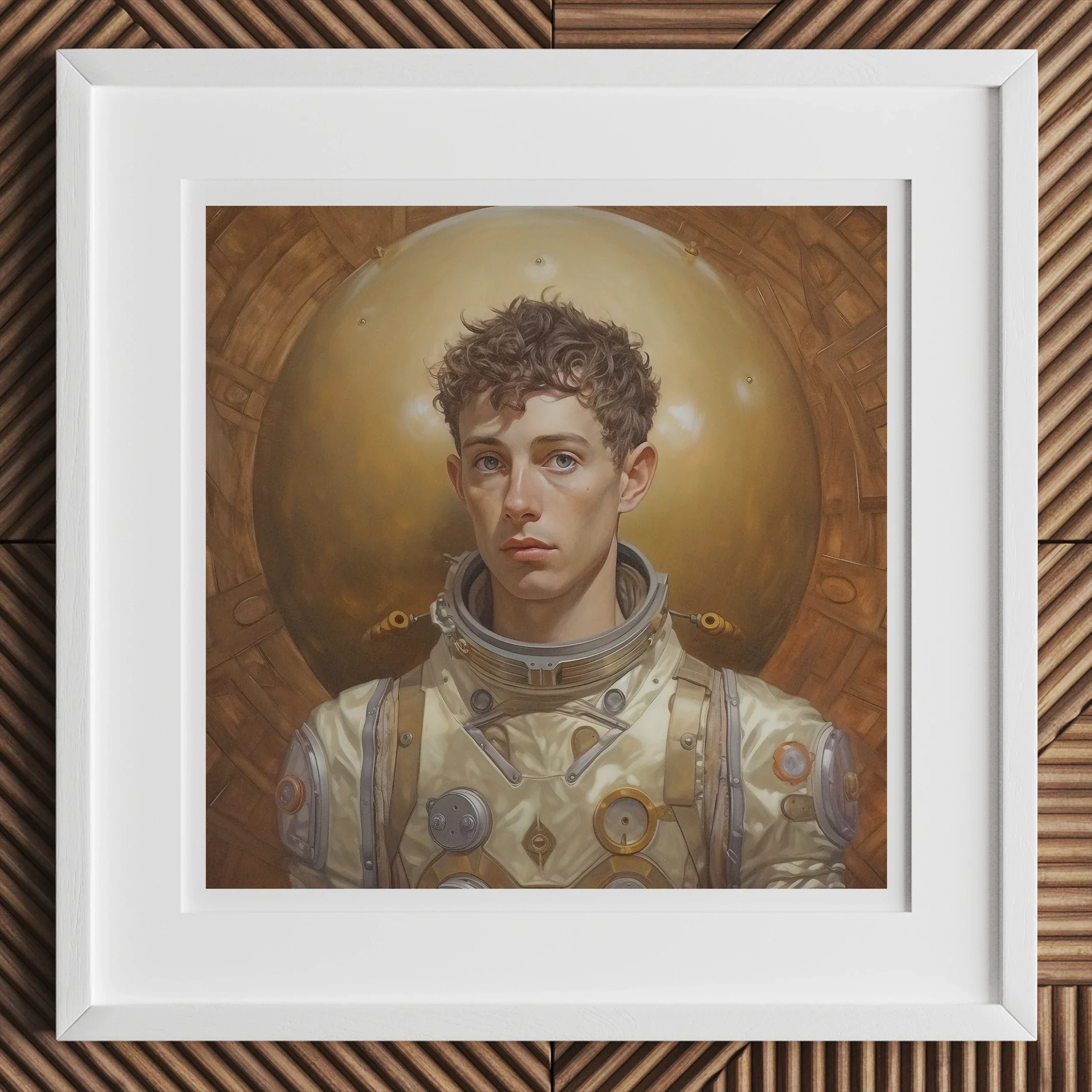 Noah - Handsome Gay Astronaut Art Print, Framed Portrait Painting Young Astronaut Curly Hair Spacesuit