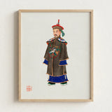 Framed Illustration Traditional Chinese Official Ornate Dark Brown Ming Dynasty Officialdom, Qing Manchu, Fashion Art