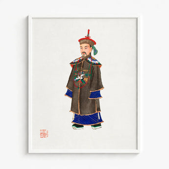 Framed Illustration Traditional Chinese Official Ornate Dark Brown Ming Dynasty Officialdom, Qing Manchu, Fashion Art