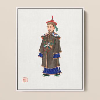 Framed Traditional Chinese Portrait Man Ornate Ceremonial Robes Ming Dynasty Officialdom, Qing Manchu, Fashion Art