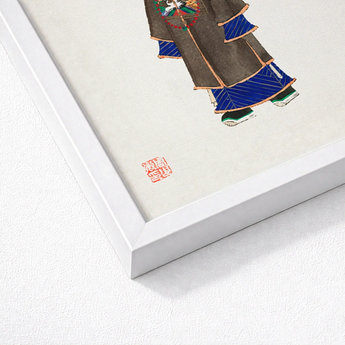 Framed Japanese Ukiyo-e Print Figure Traditional Attire Layered Ming Dynasty Officialdom, Qing Manchu, Fashion Art
