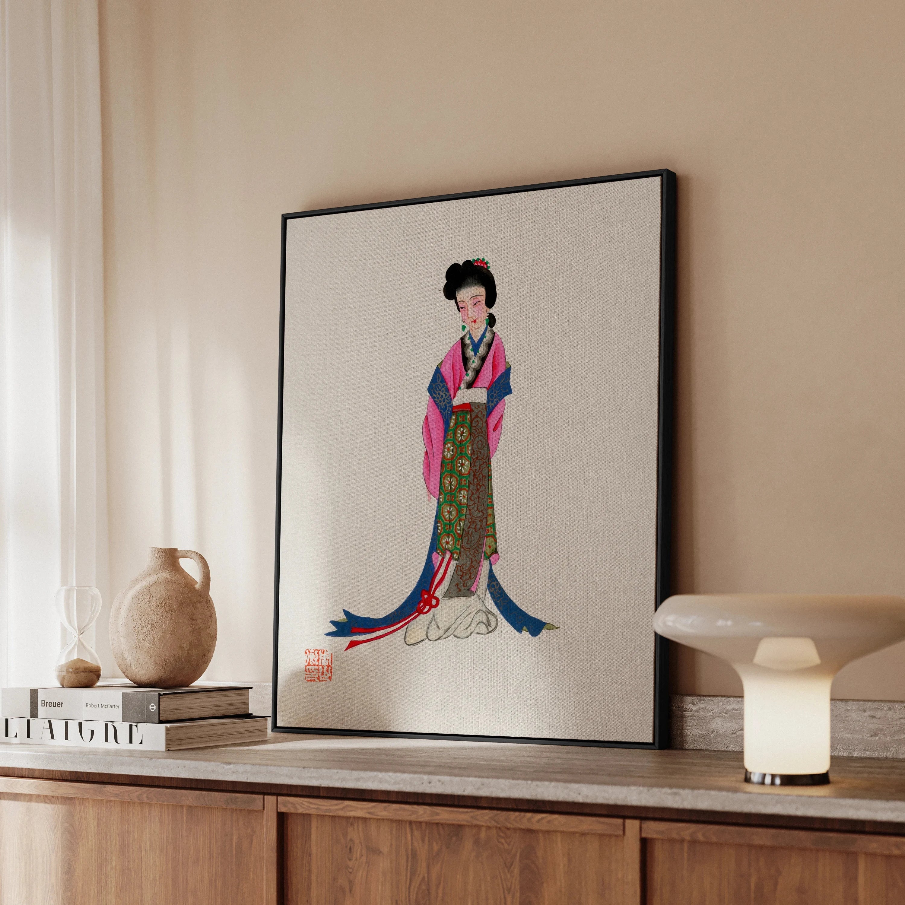 Noblewoman Manchu Fashion Art Framed Canvas, Framed Artwork Woman Traditional Japanese Kimono Attire Vibrant